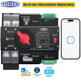 Tomzn WiFi ATS Dual Power Automatic Transfer Switch with smartphone app on a white background, transfer switch, Wifi ATS